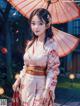 A woman in a kimono holding an umbrella in the rain.