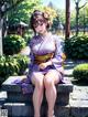 A woman in a kimono sitting on a stone bench.