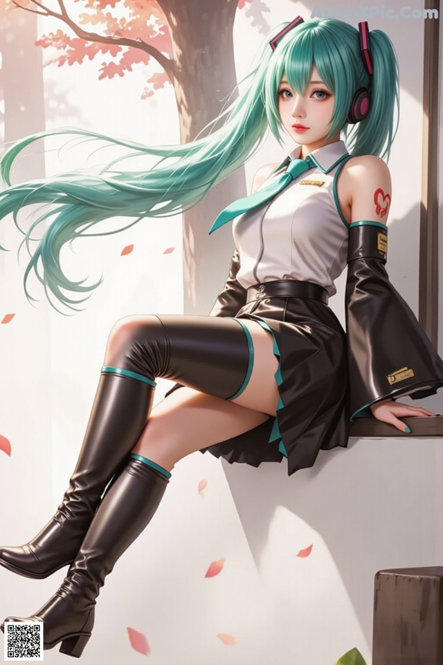 A girl with long green hair sitting on a ledge.
